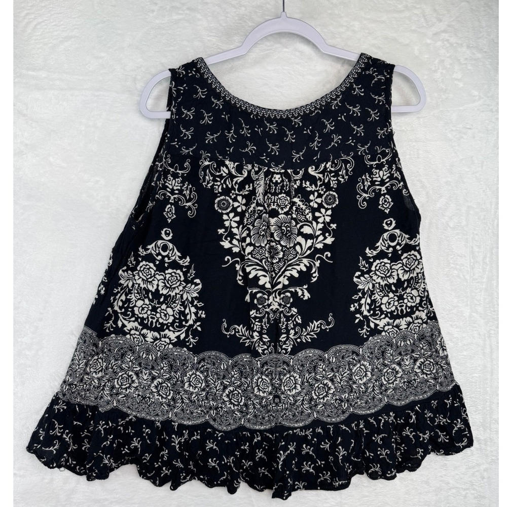 Bila Womens Black White Damask Floral Sequin Trim Ruffle Hem Tunic Top Large - Picture 3 of 8